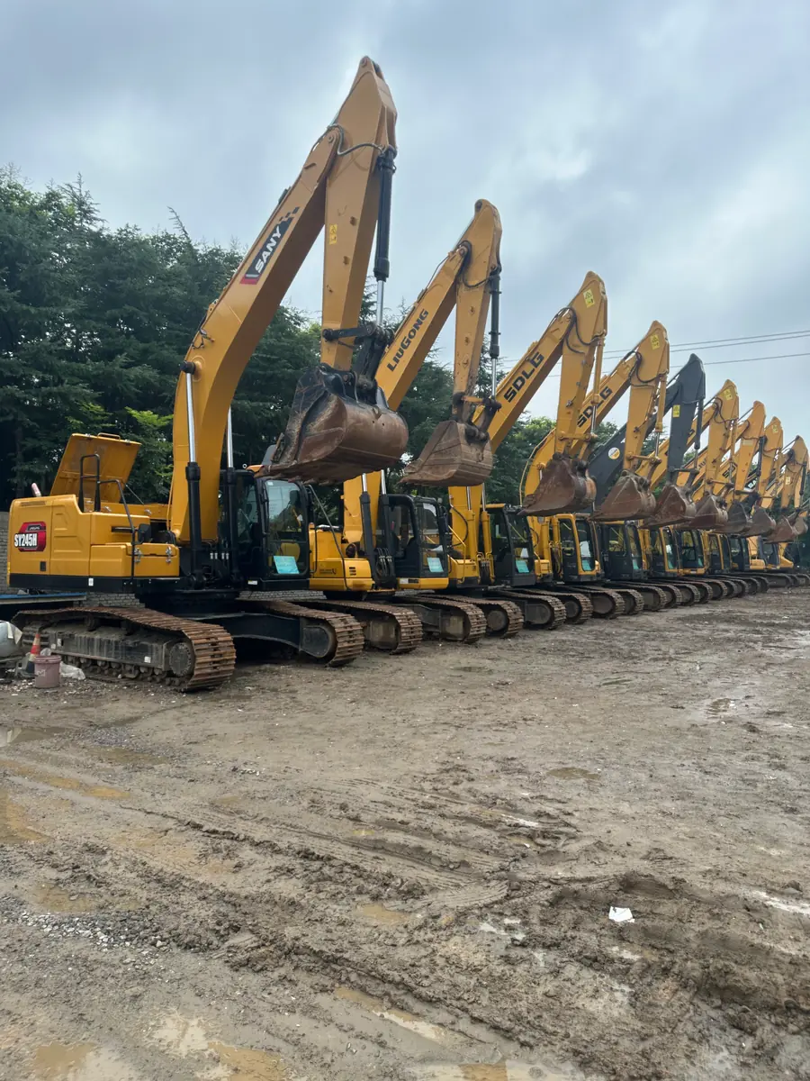 SANY LiuGong and SDLG excavators lined up in the yard